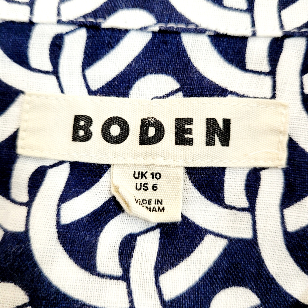 BODEN Hazel Short Sleeve Linen Shirt In Navy Blue White Geo Terrace Print Size 6 - Picture 7 of 10